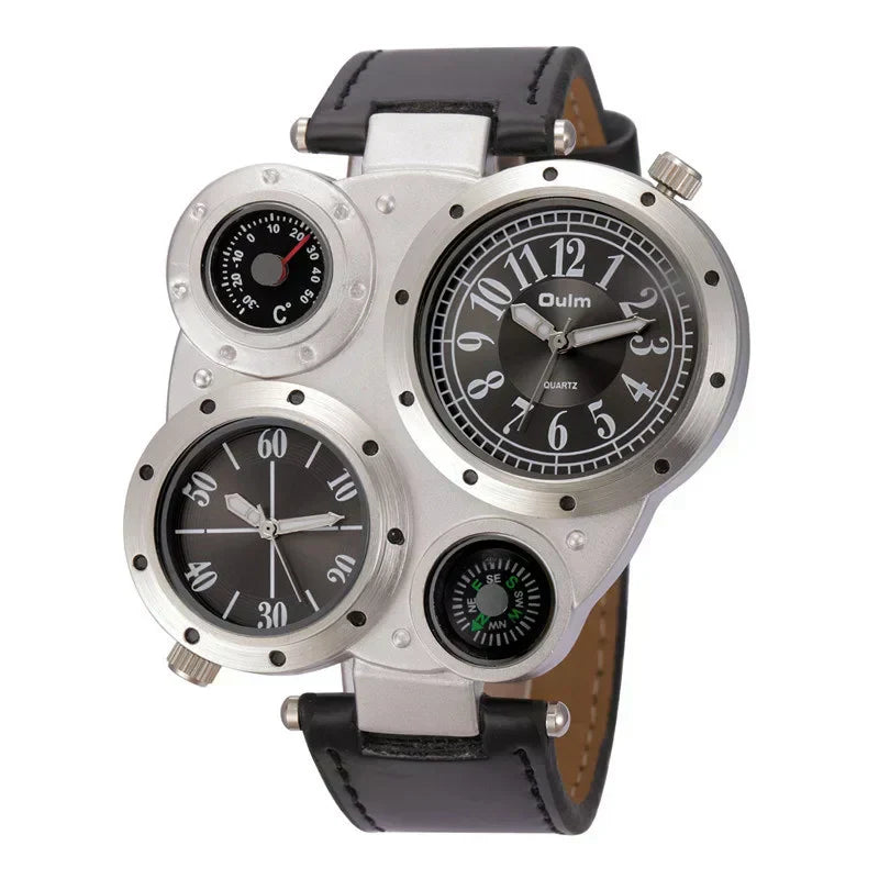 Montre Oulm Titan Sport à double fuseau horaire – Grand cadran, cuir PU, quartz pour homme