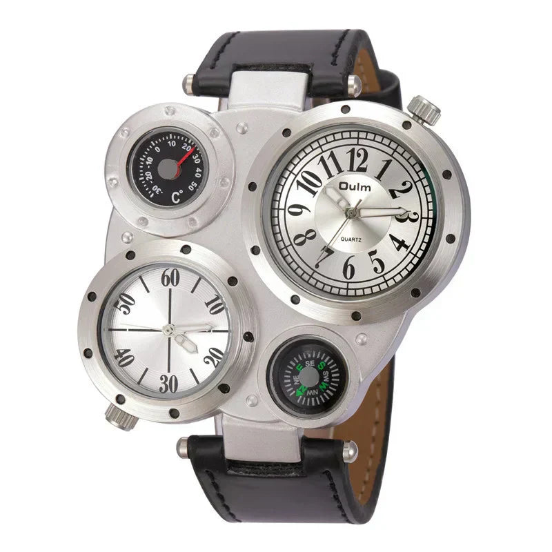 Montre Oulm Titan Sport à double fuseau horaire – Grand cadran, cuir PU, quartz pour homme