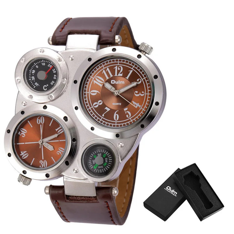 Montre Oulm Titan Sport à double fuseau horaire – Grand cadran, cuir PU, quartz pour homme
