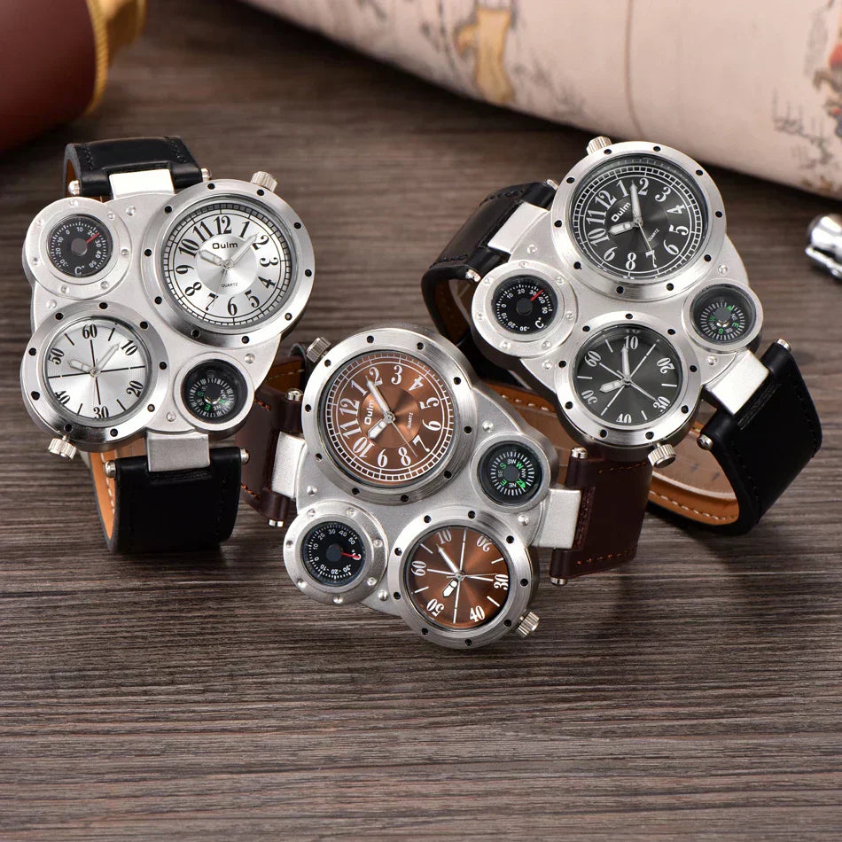 Montre Oulm Titan Sport à double fuseau horaire – Grand cadran, cuir PU, quartz pour homme