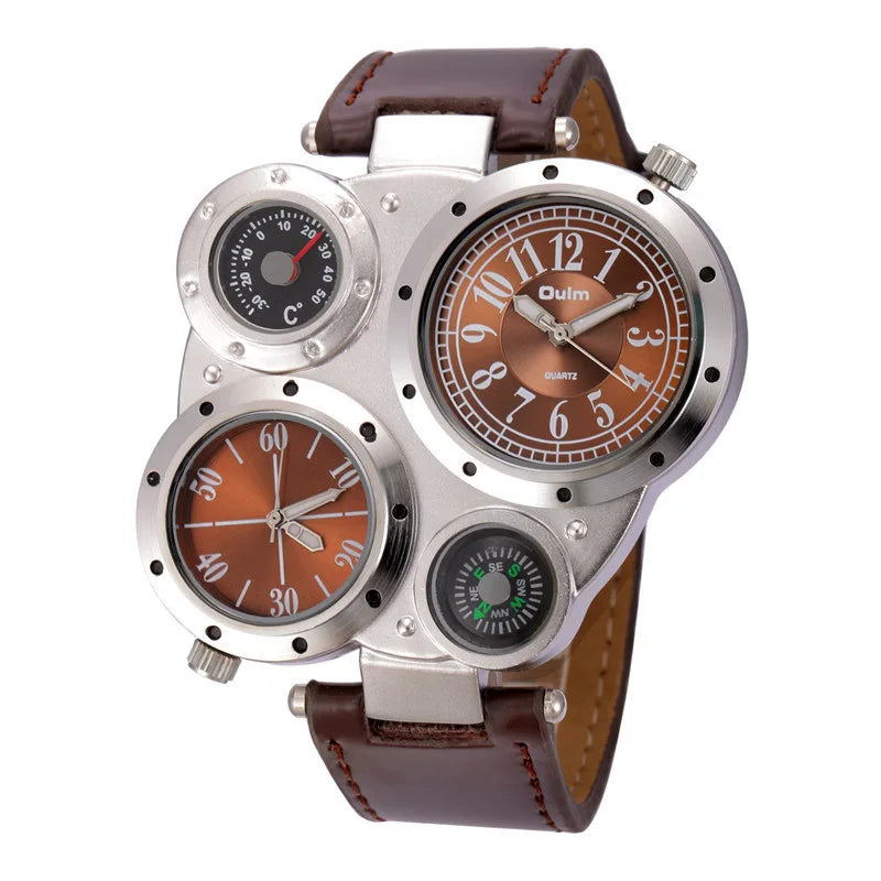 Montre Oulm Titan Sport à double fuseau horaire – Grand cadran, cuir PU, quartz pour homme