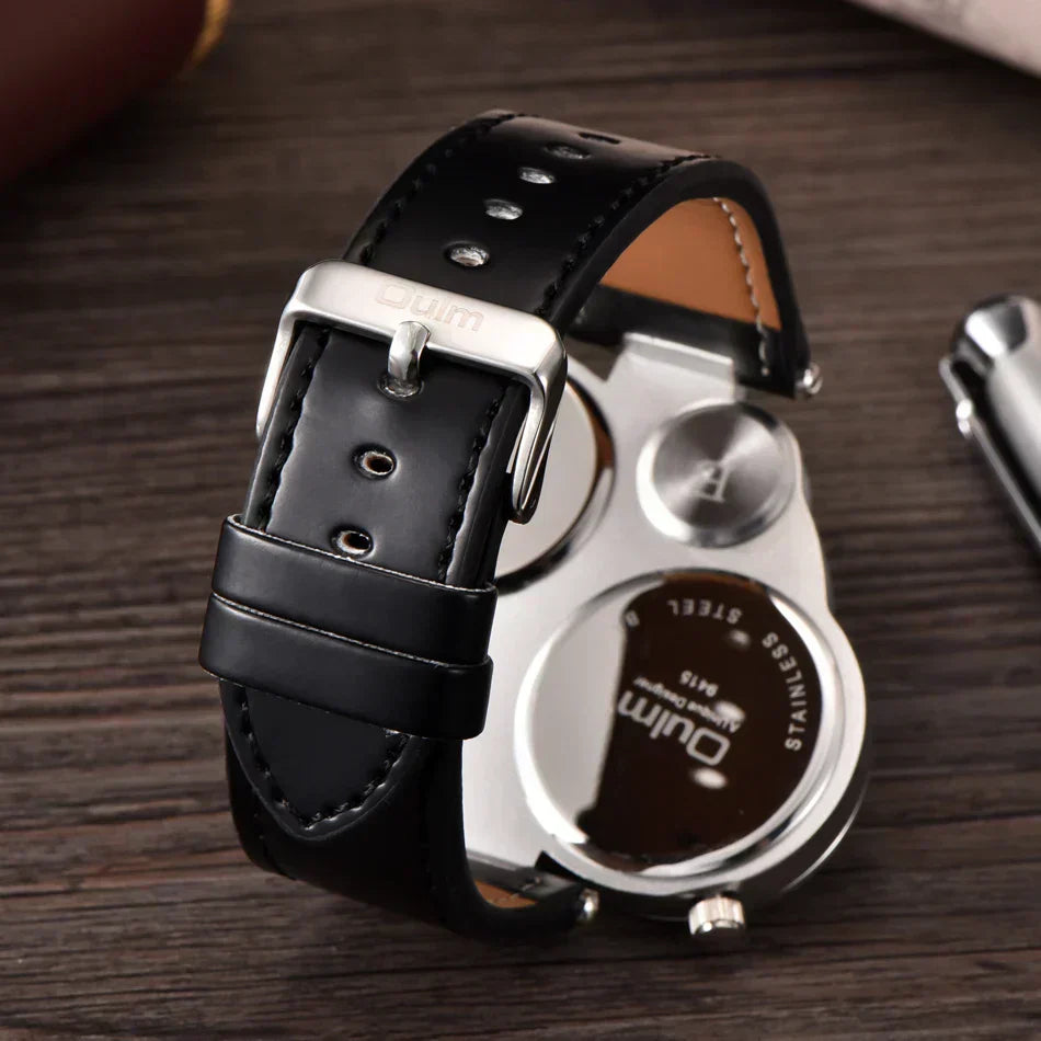 Montre Oulm Titan Sport à double fuseau horaire – Grand cadran, cuir PU, quartz pour homme
