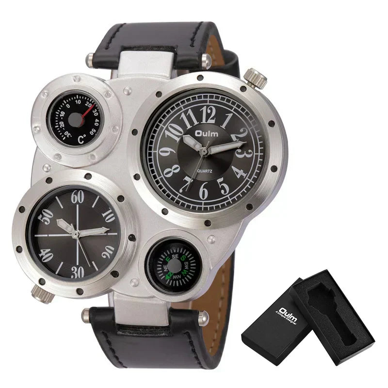 Montre Oulm Titan Sport à double fuseau horaire – Grand cadran, cuir PU, quartz pour homme