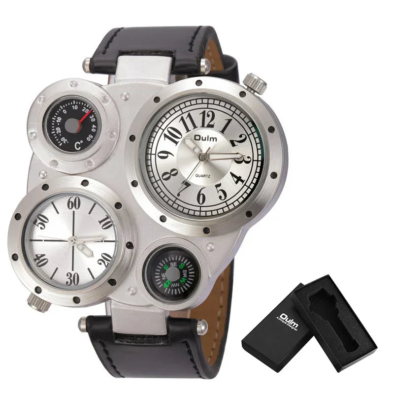 Montre Oulm Titan Sport à double fuseau horaire – Grand cadran, cuir PU, quartz pour homme