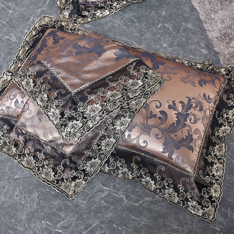 Lunara | シルバーブラウンのレース付き高級サテンコットン掛け布団カバーセット | Orntli