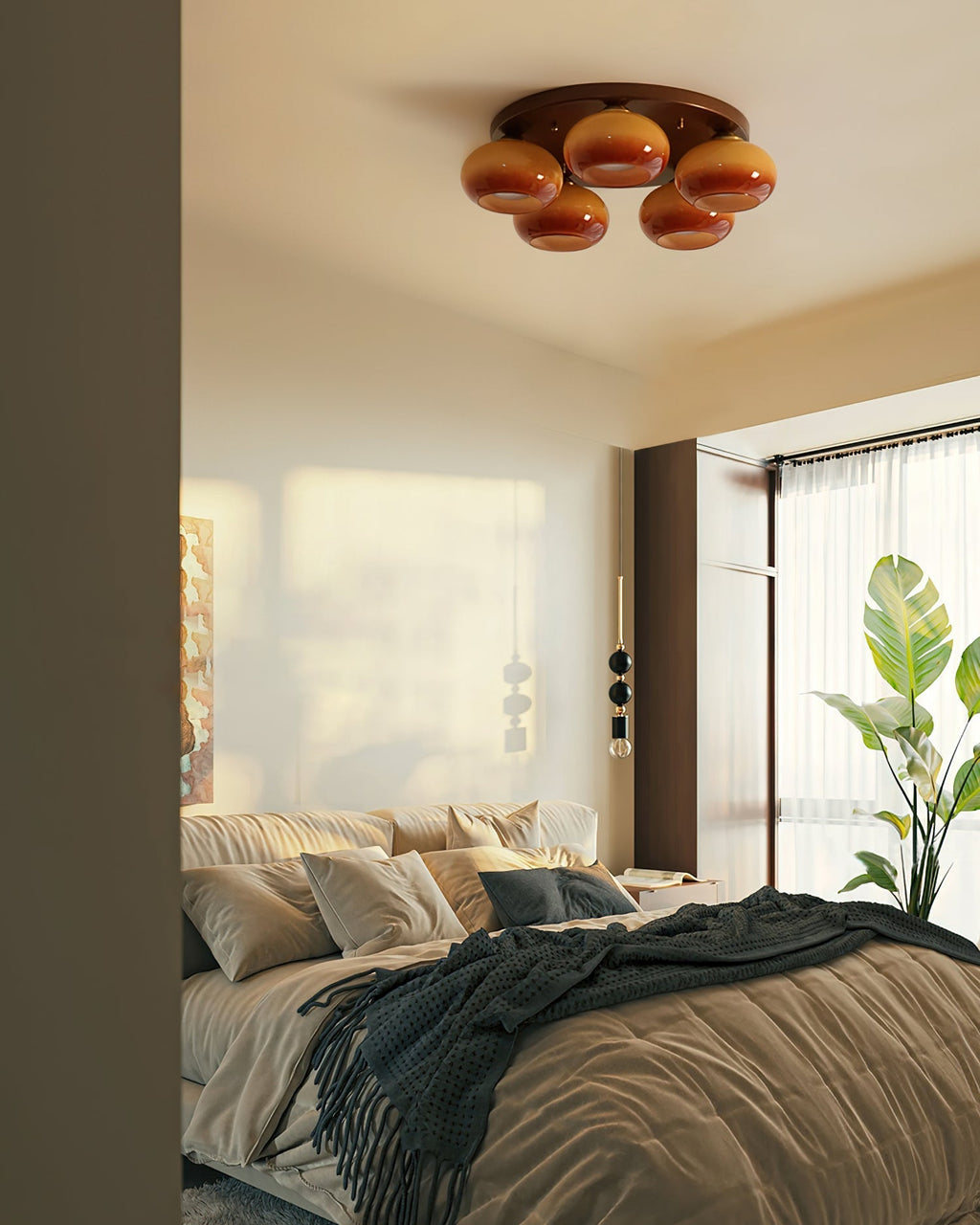 Aurevo 5-Light Amber Glass Flush Mount — Hardwired Ceiling Fixture, E26 Socket