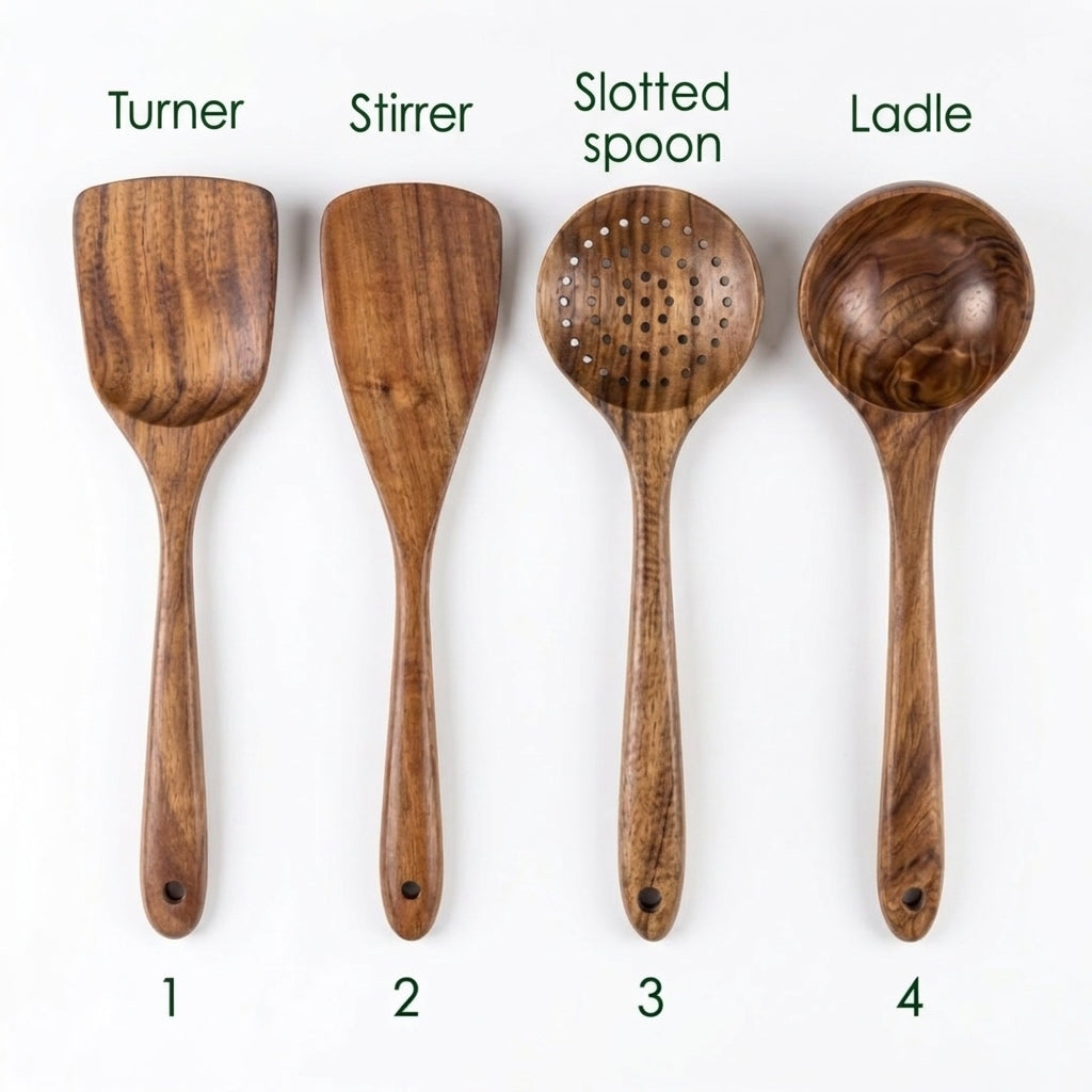 Set di utensili da cucina in legno d’acacia, 7 pezzi – realizzati a mano, finitura a olio, adatti alle padelle