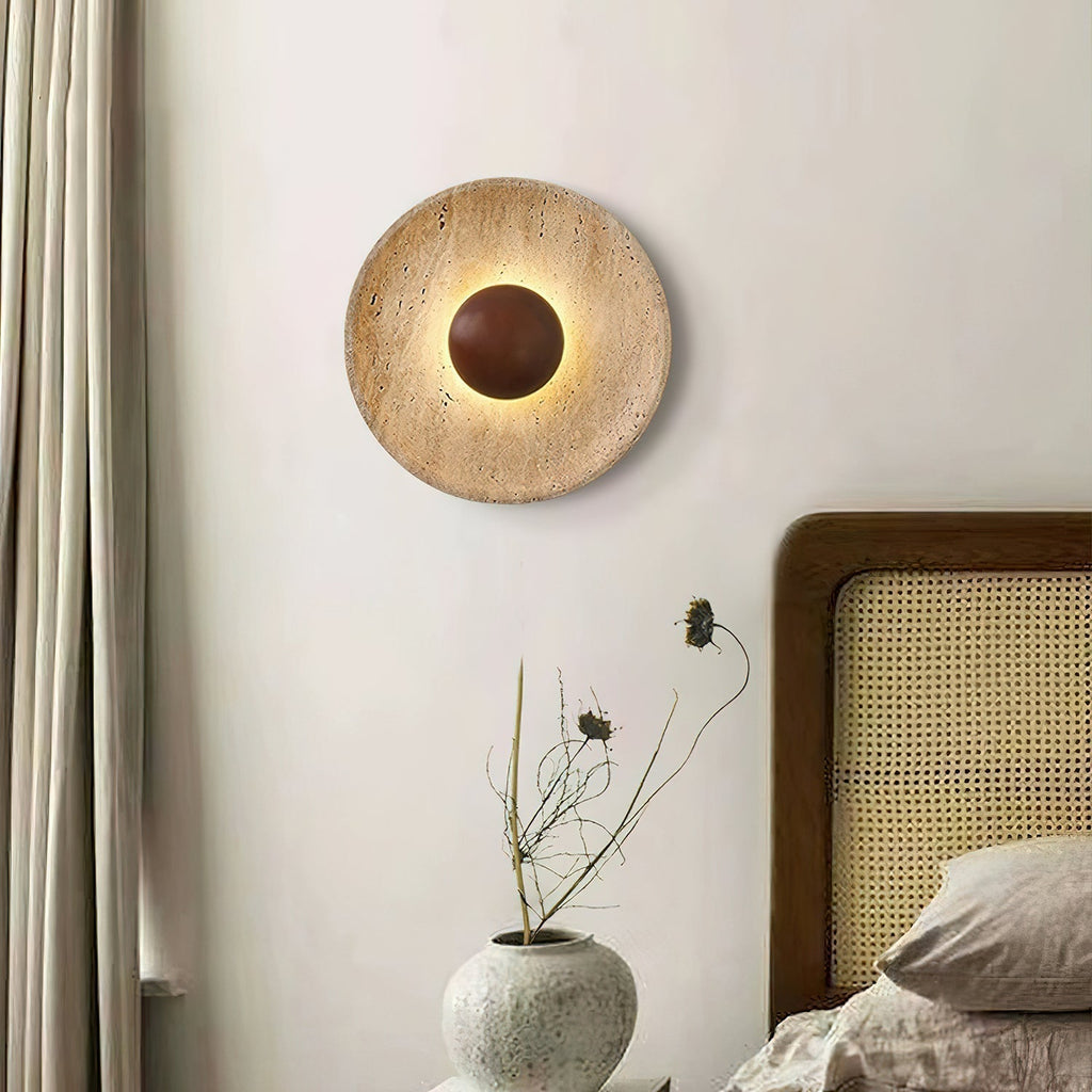 Applique murale solaire en travertin Aveny — forme de disque circulaire