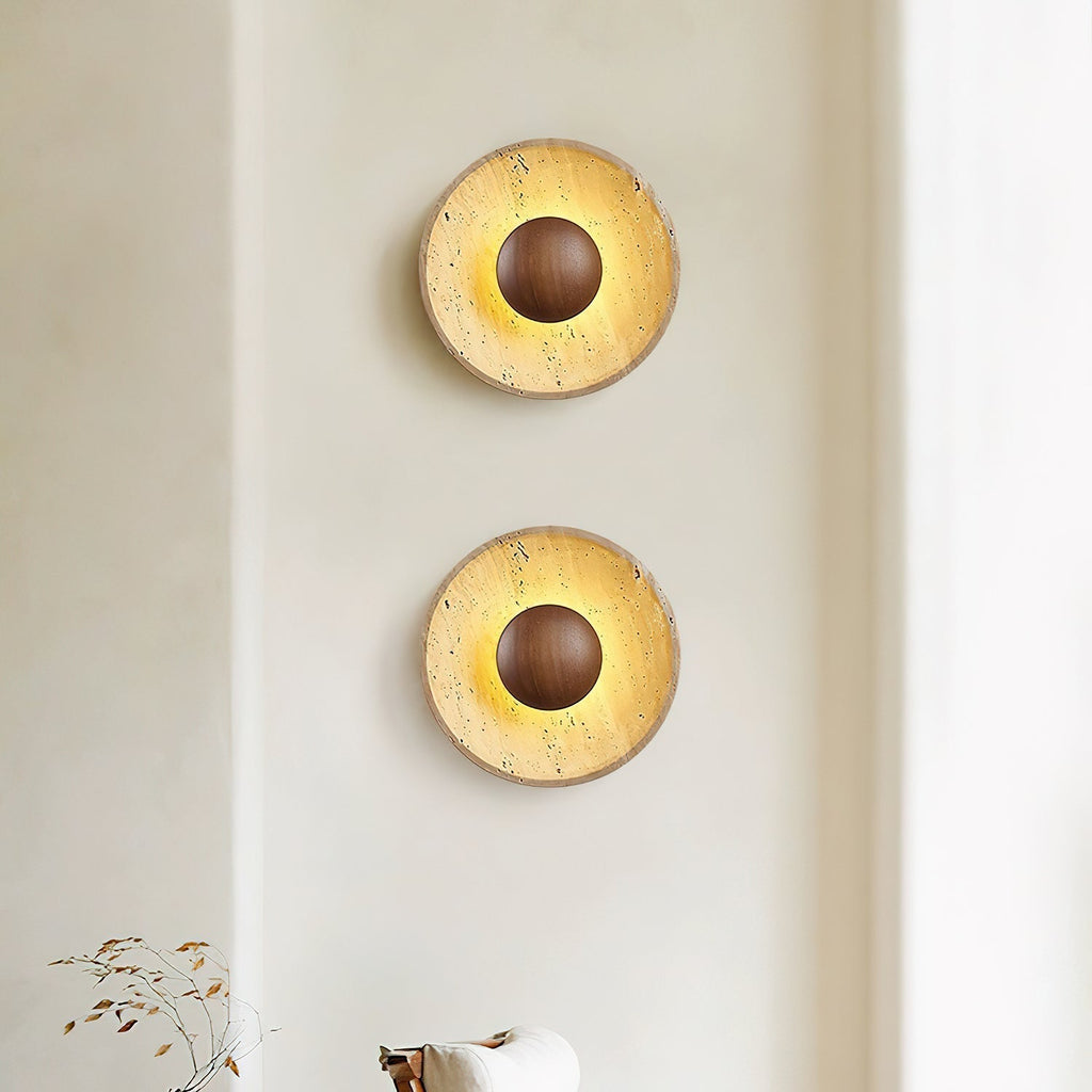Applique murale solaire en travertin Aveny — forme de disque circulaire