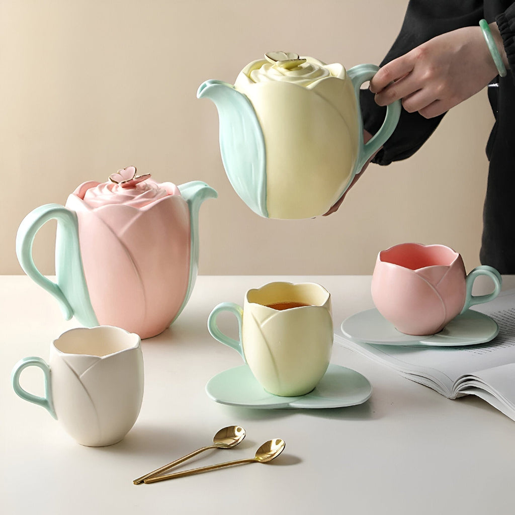 チューリップ 陶器 コーヒー碗 受け皿 セット