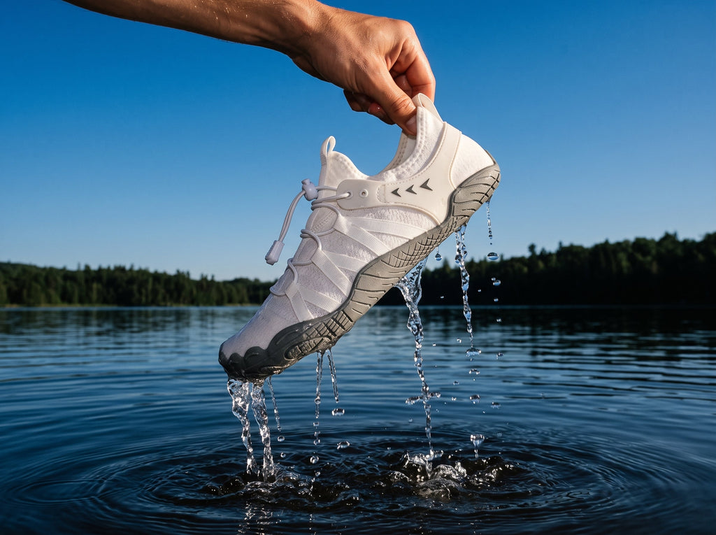 White barefoot shoe lifted out of a lake with water draining out