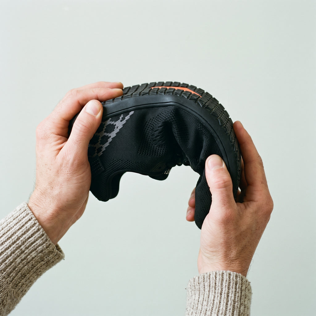 Hands bending the black sneaker to show its flexible sole