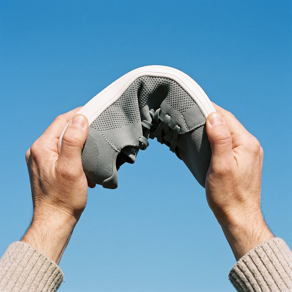 Two hands bending the knit sneaker to show how flexible it is