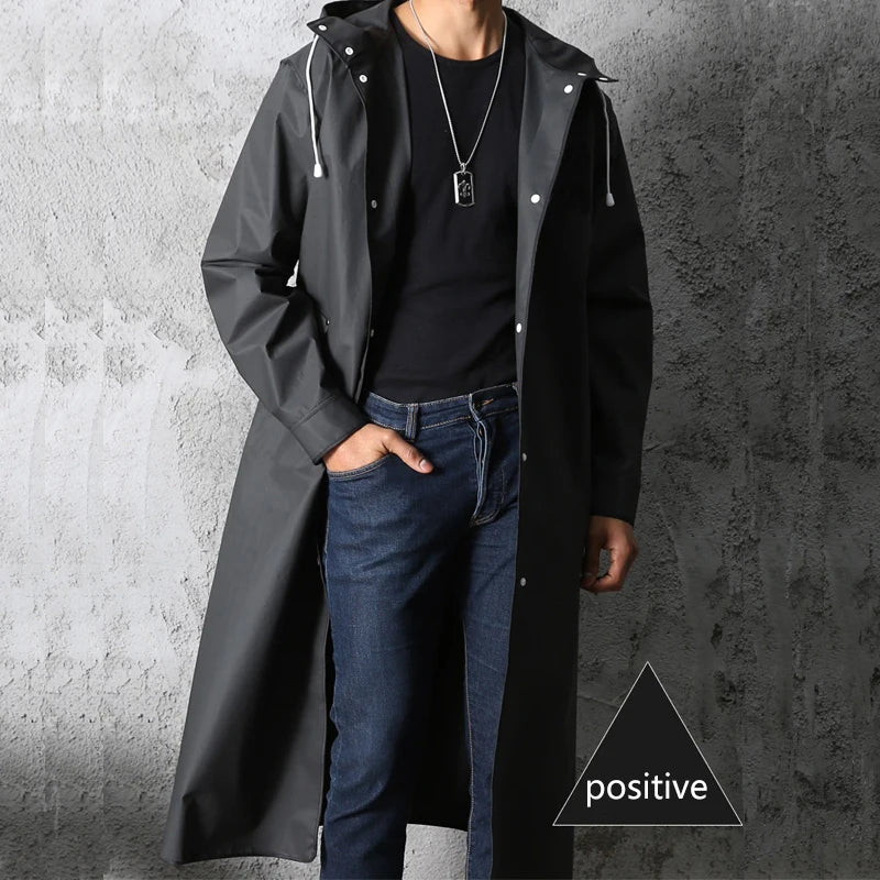Wasserdichter langer schwarzer Herbstregenmantel – Kapuzenjacke, verstärkte Outdoor-Jacke