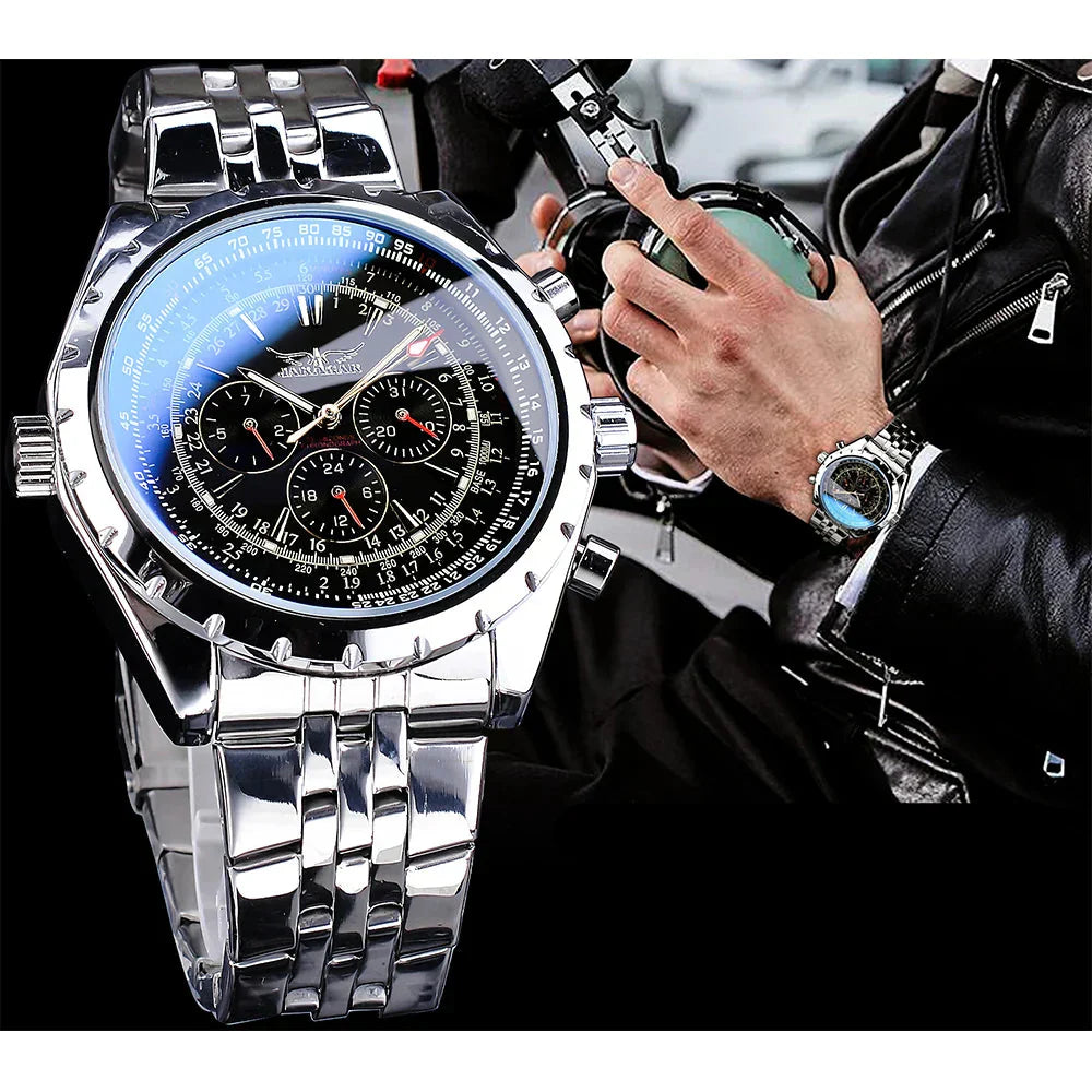 Jaragar modré sklo design automatické hodinky – nerezová ocel obchodní mechanické náramkové hodinky pro muže