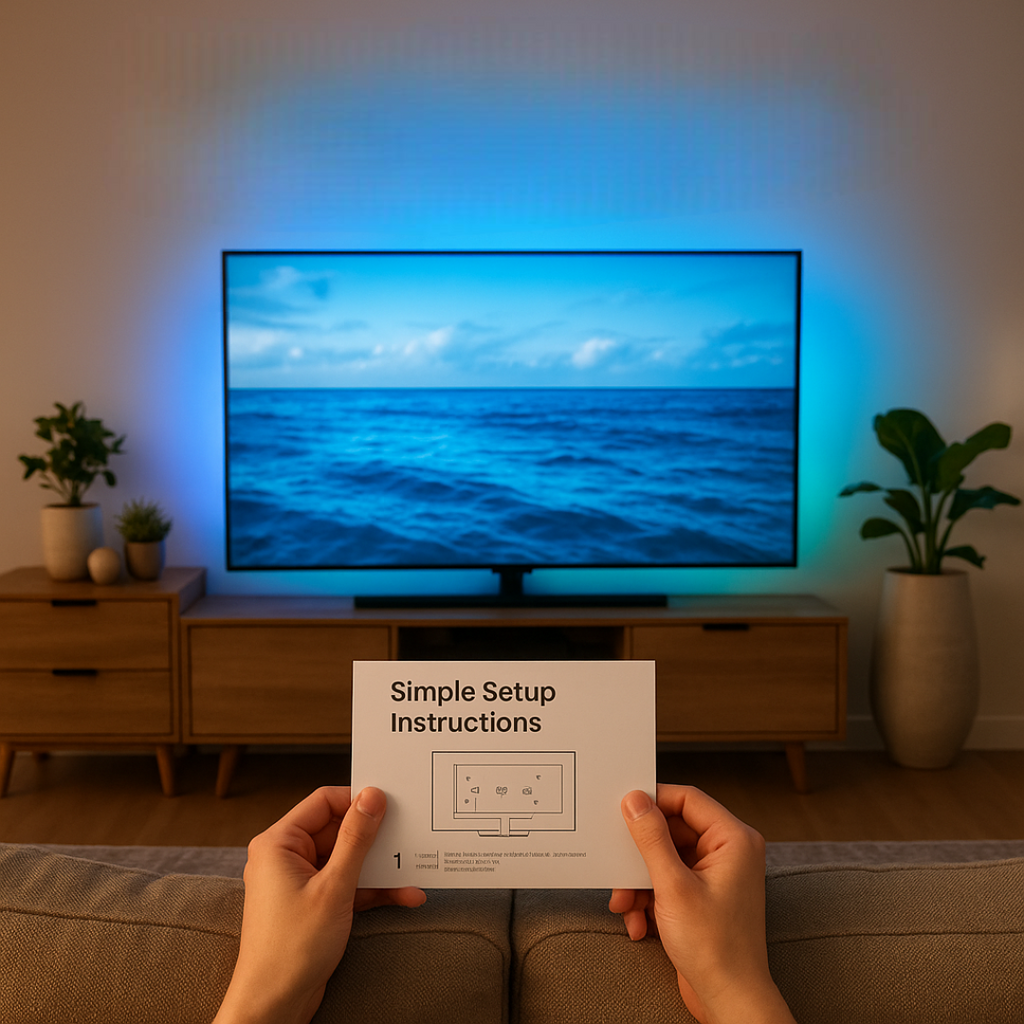 Hands holding simple setup instructions in front of a TV with blue backlight