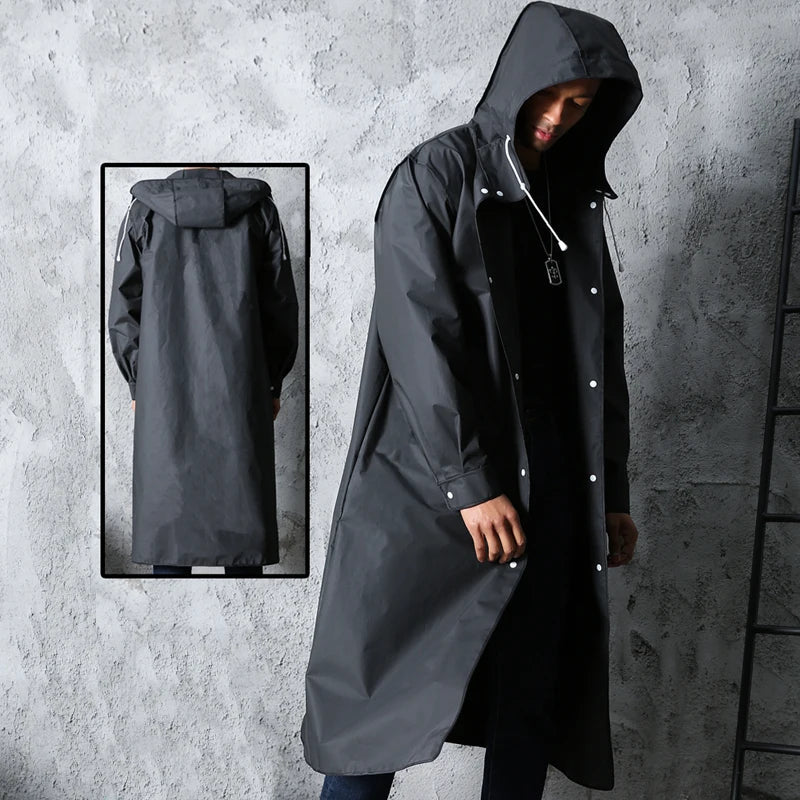 Wasserdichter langer schwarzer Herbstregenmantel – Kapuzenjacke, verstärkte Outdoor-Jacke