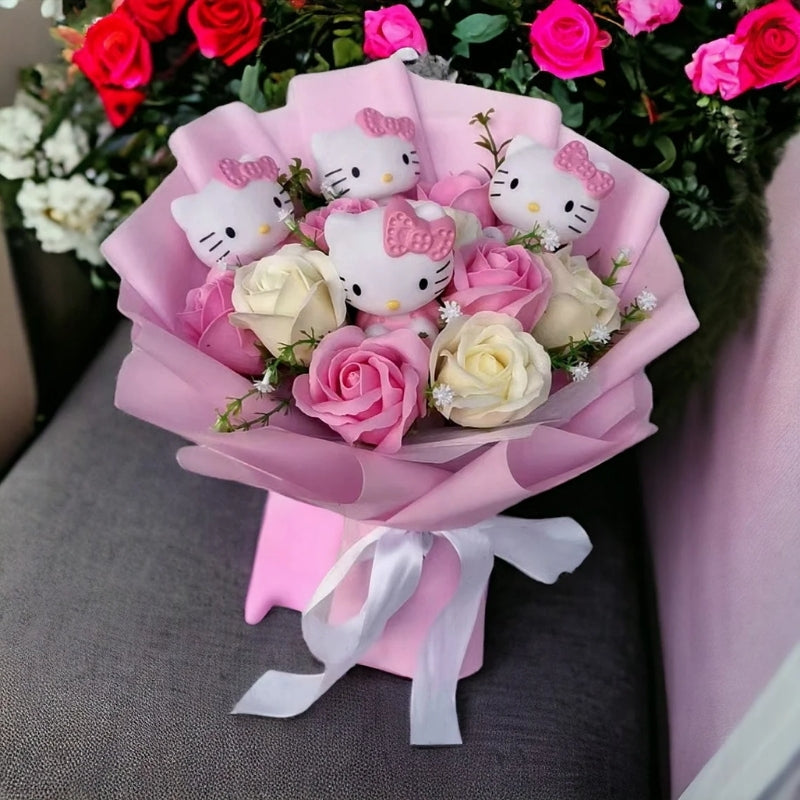 Bukiet kwiatów Hello Kitty z kolorowymi sztucznymi kwiatami i figurkami Hello Kitty
