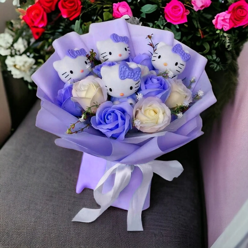 Bukiet kwiatów Hello Kitty z kolorowymi sztucznymi kwiatami i figurkami Hello Kitty