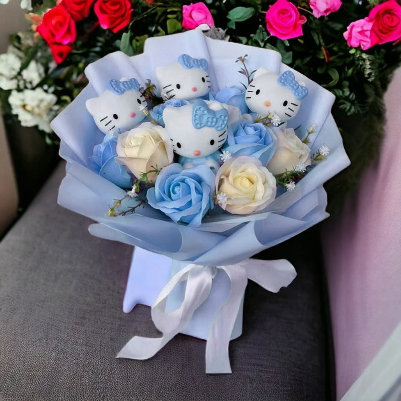 Bukiet kwiatów Hello Kitty z kolorowymi sztucznymi kwiatami i figurkami Hello Kitty