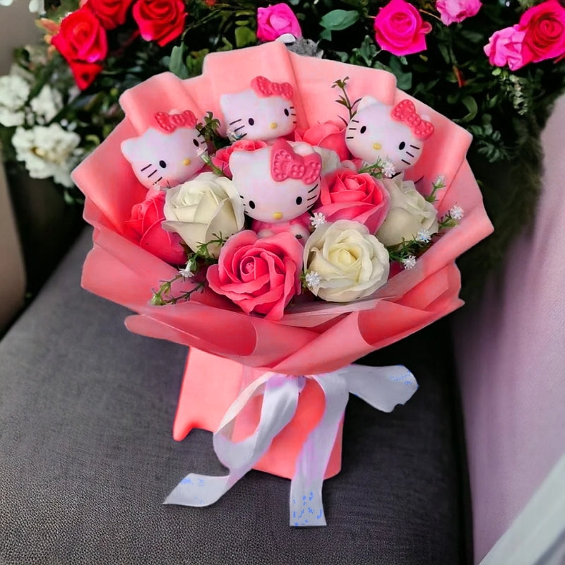 Bukiet kwiatów Hello Kitty z kolorowymi sztucznymi kwiatami i figurkami Hello Kitty