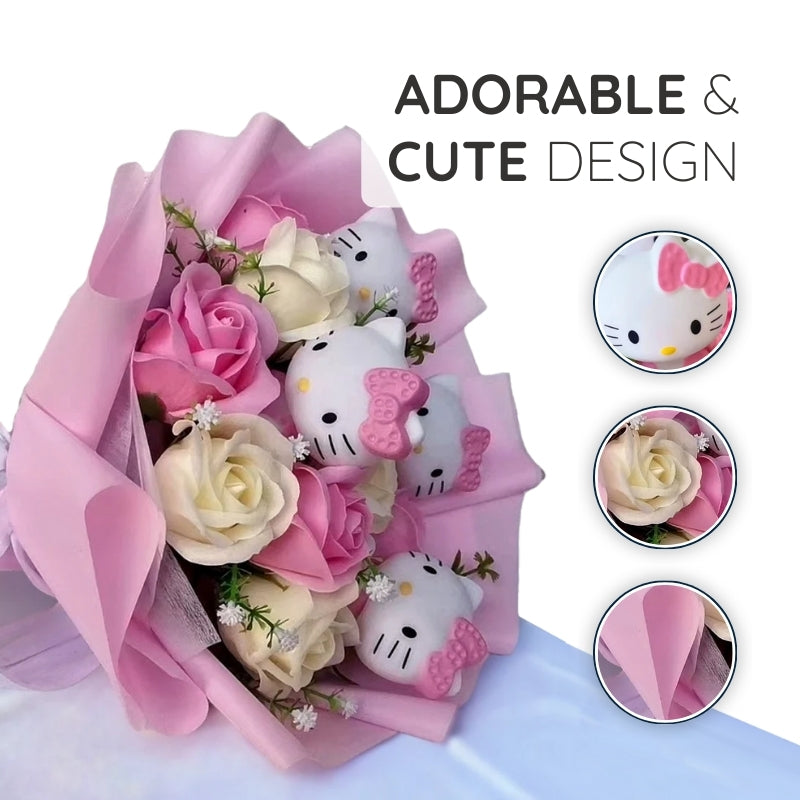 Bukiet kwiatów Hello Kitty z kolorowymi sztucznymi kwiatami i figurkami Hello Kitty
