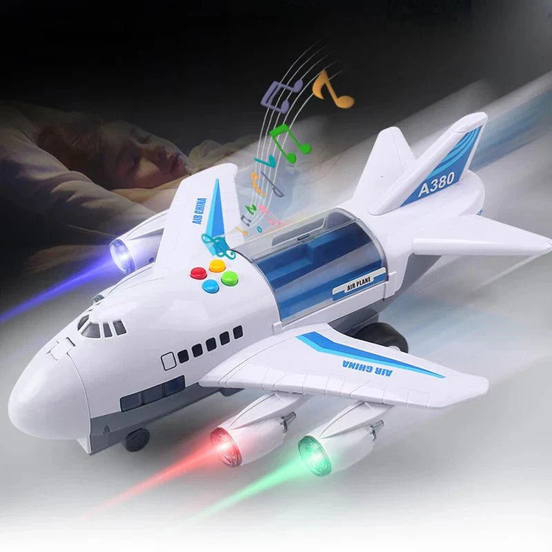 Brinquedo de avião inercial AeroPulse com música, luzes e mini-carros para crianças