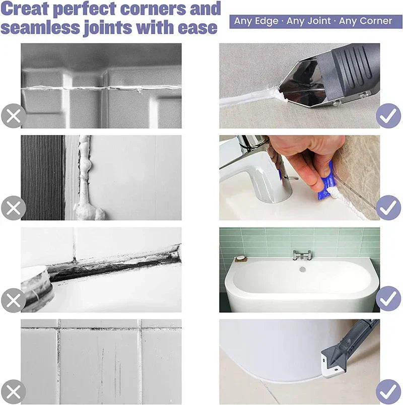 EasyCaulk™ combină trei unelte pentru etanșare: o mistrie pentru silicon, o racletă pentru reziduuri și un cuțit ascuțit.