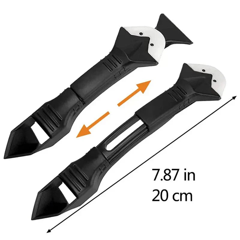 EasyCaulk™ combină trei unelte pentru etanșare: o mistrie pentru silicon, o racletă pentru reziduuri și un cuțit ascuțit.