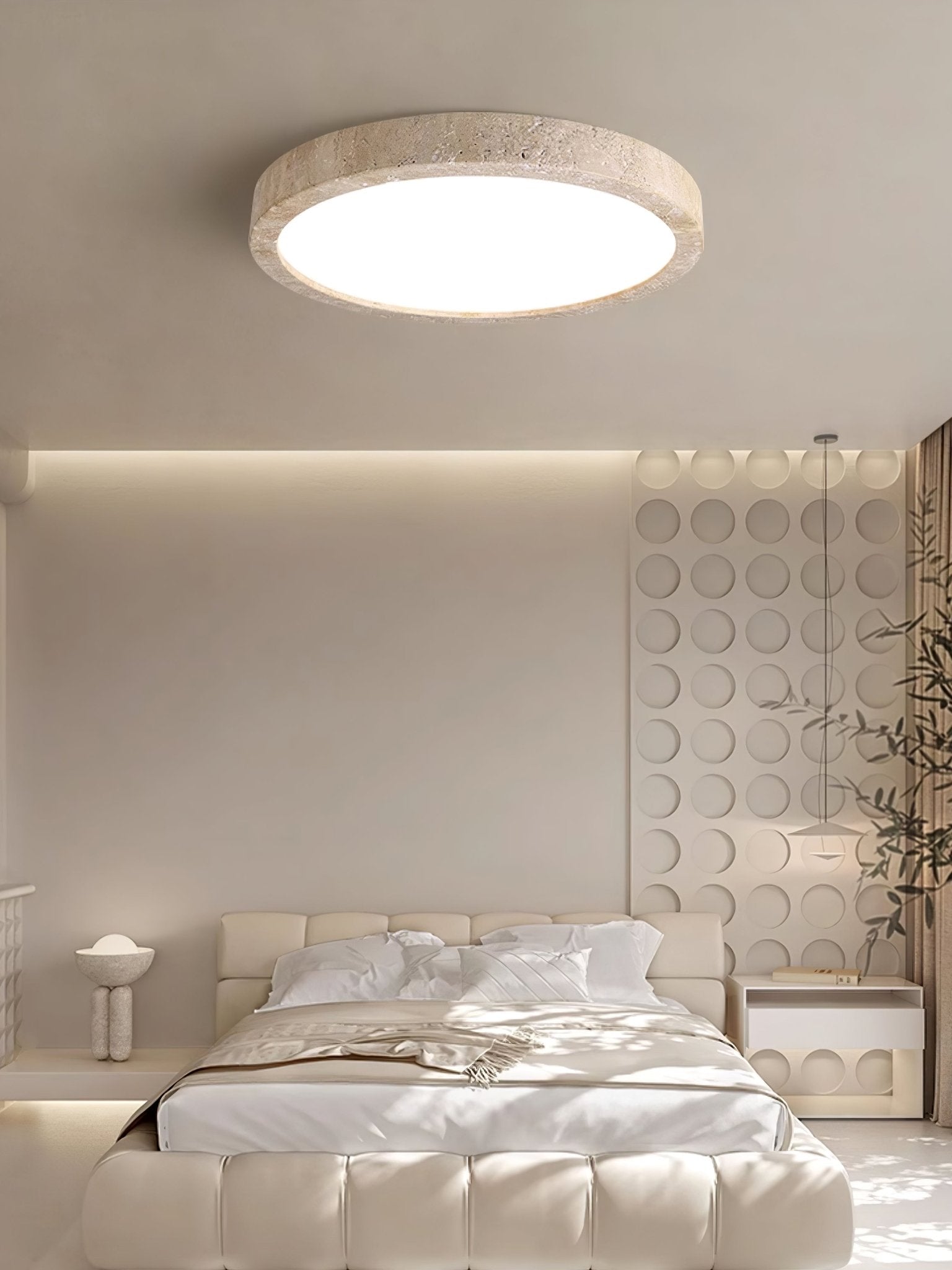 Lampa sufitowa Horizon z trawertynu — ściemnialna Triac, minimalistyczna rama
