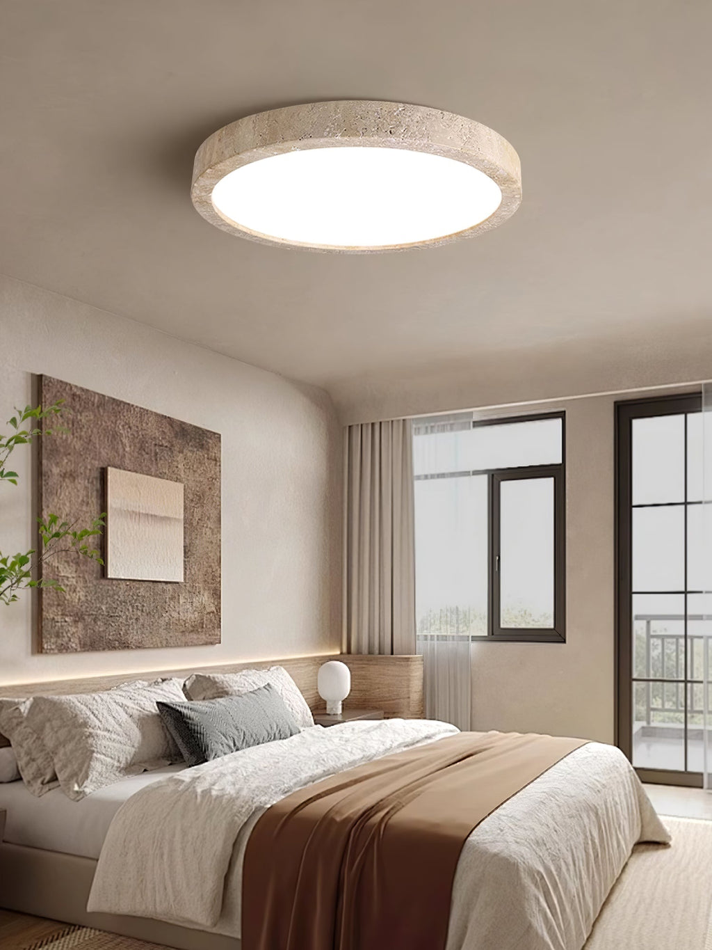 Lampa sufitowa Horizon z trawertynu — ściemnialna Triac, minimalistyczna rama