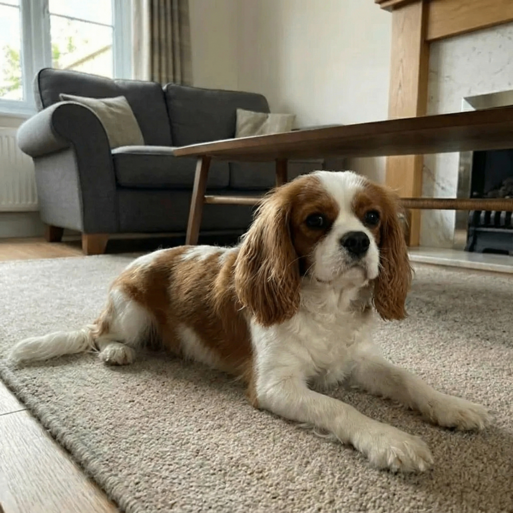 Cavalier spaniel resting on a carpet at home