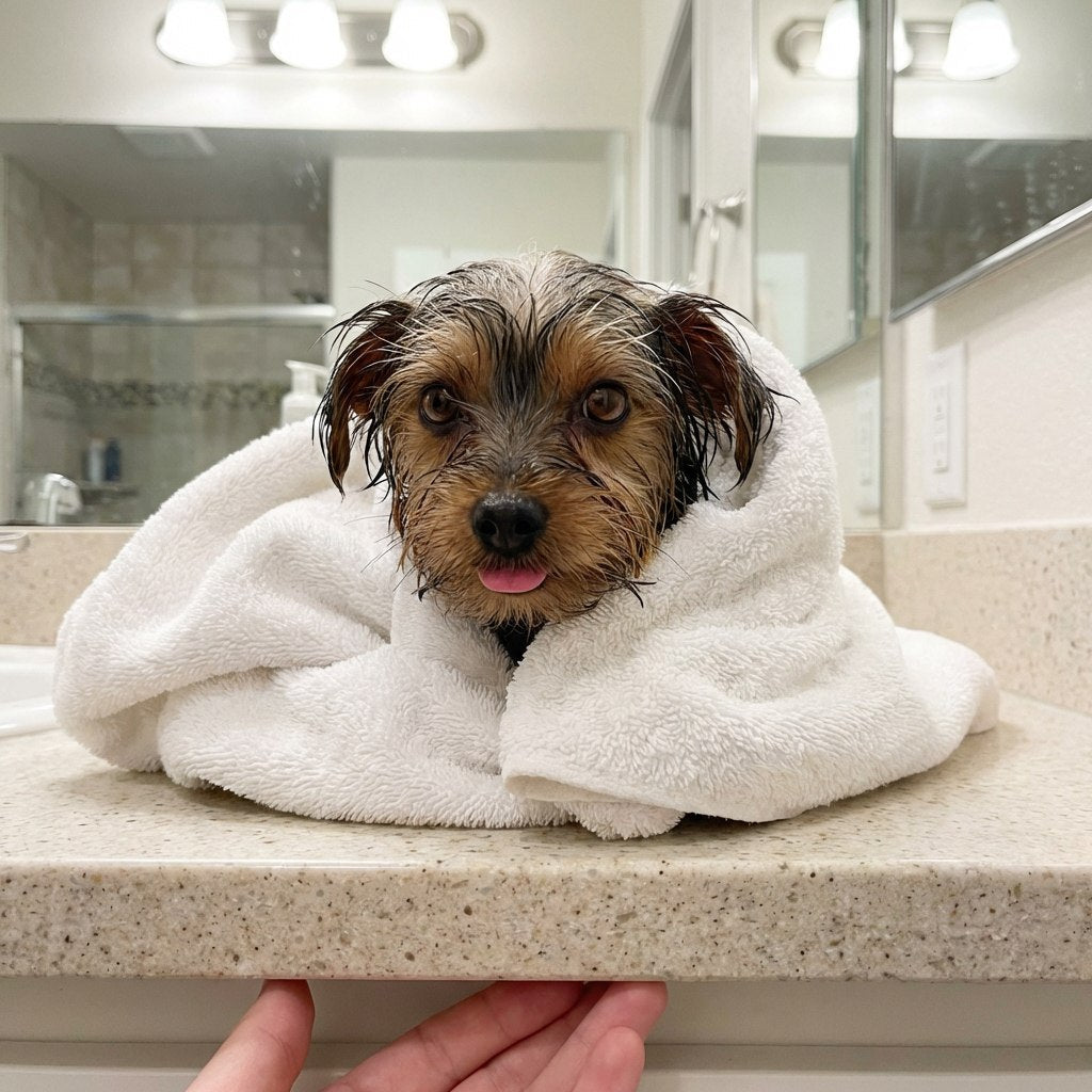 Small terrier wrapped in a white towel after a bath