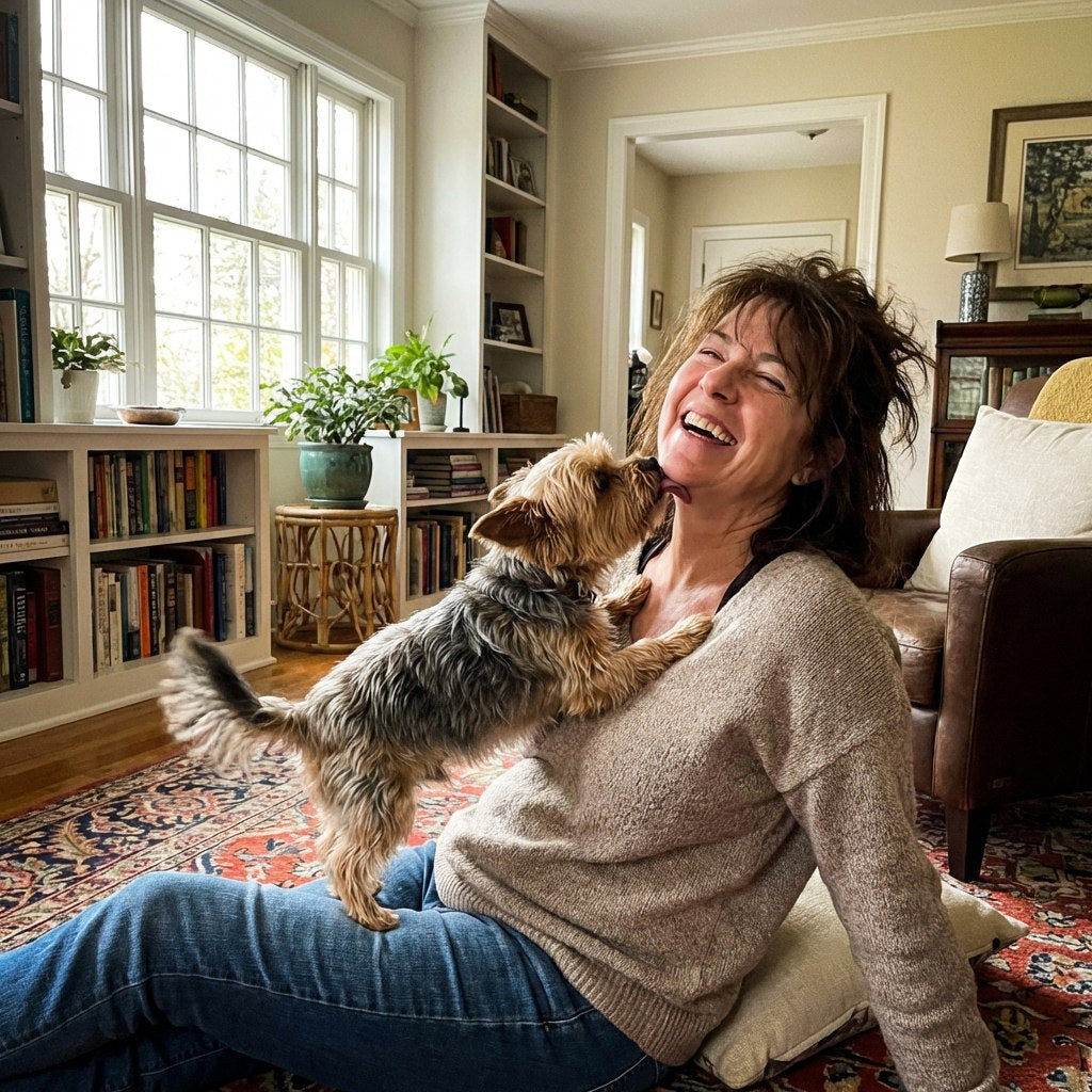 Woman laughing on the floor with her small dog
