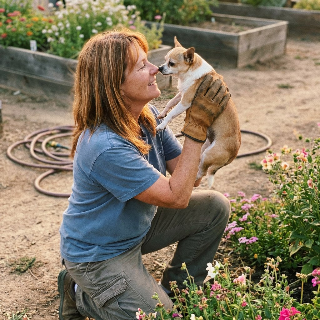 Woman in the garden holding her small dog close
