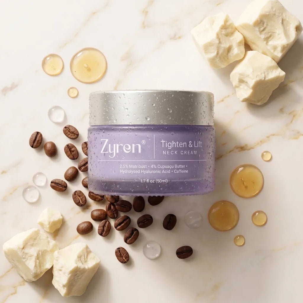 Jar of neck cream surrounded by butter chunks, coffee beans and oil drops