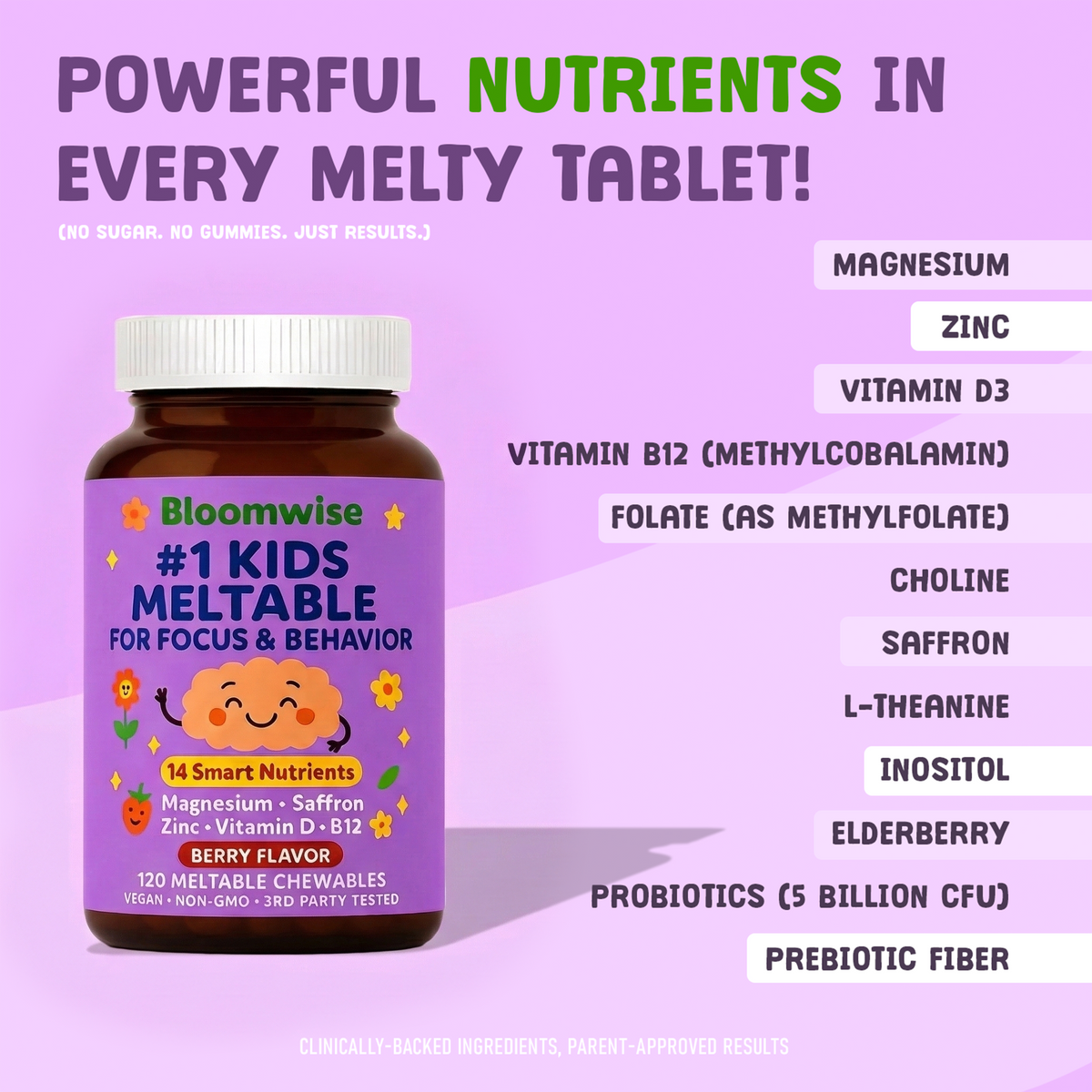 Smältbara tuggtabletter för barn – saffran, magnesium, zink och vitaminer, bärsmak