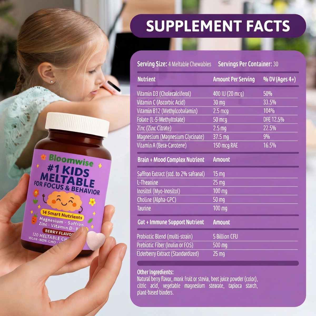 Smältbara tuggtabletter för barn – saffran, magnesium, zink och vitaminer, bärsmak