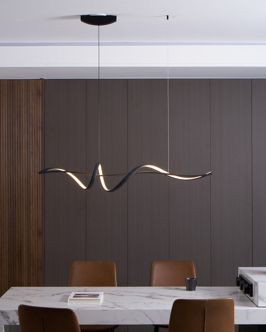 Aveline Wave LED Pendant Light — Black Modern Curve, Hardwired Mount