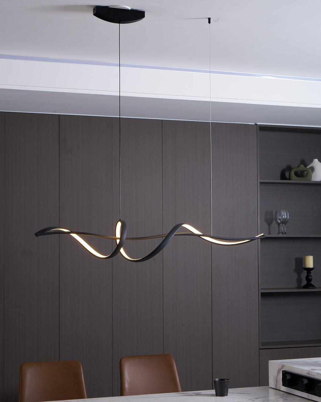 Aveline Wave LED Pendant Light — Black Modern Curve, Hardwired Mount