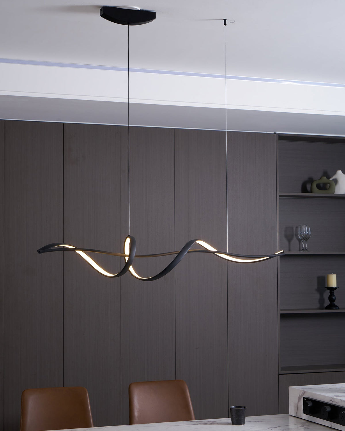 Aveline Wave LED Pendant Light — Black Modern Curve, Hardwired Mount