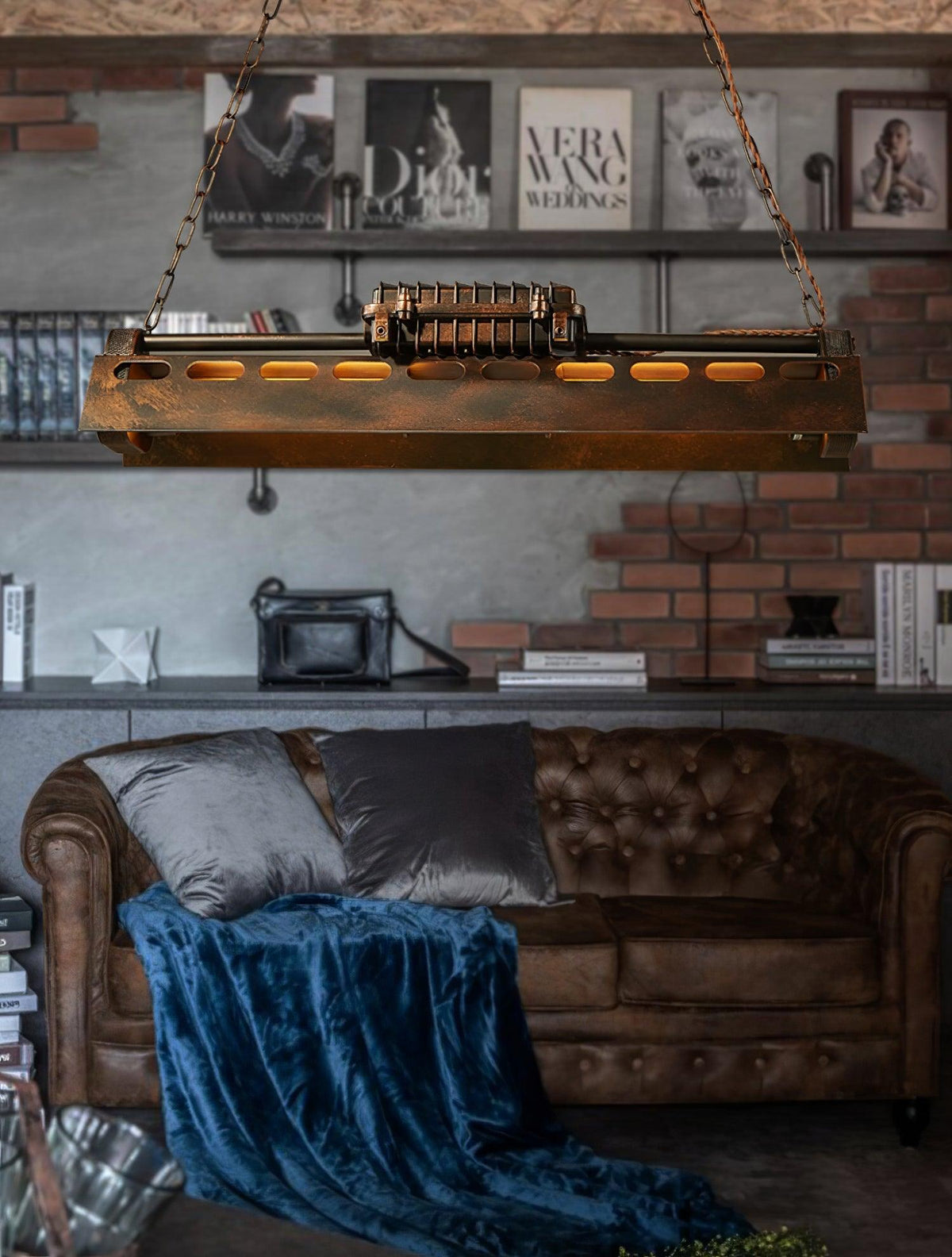Lampadario industriale rettangolare in stile steampunk