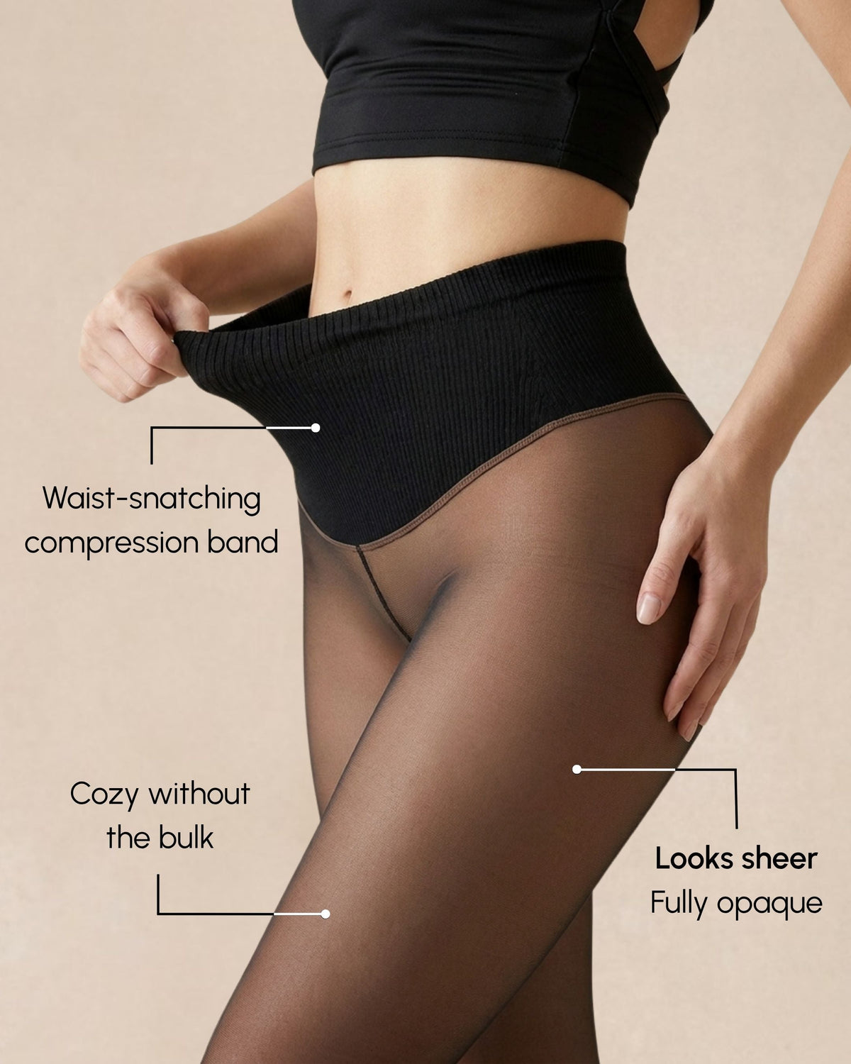 Collants transparents doublés de polaire – Thermiques, bande gainante taille haute, 4 teintes