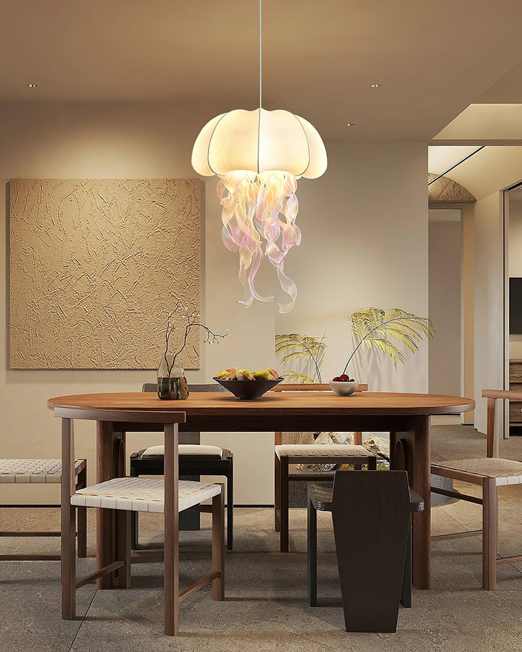 Lampada a sospensione a medusa — Design con nastri iridescenti
