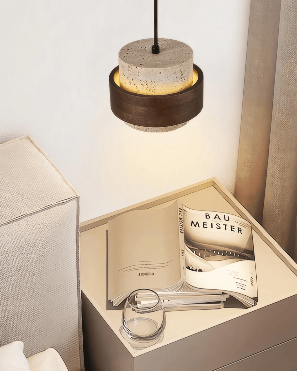 Orinelle Travertine Pendant Light Compact Walnut Wood