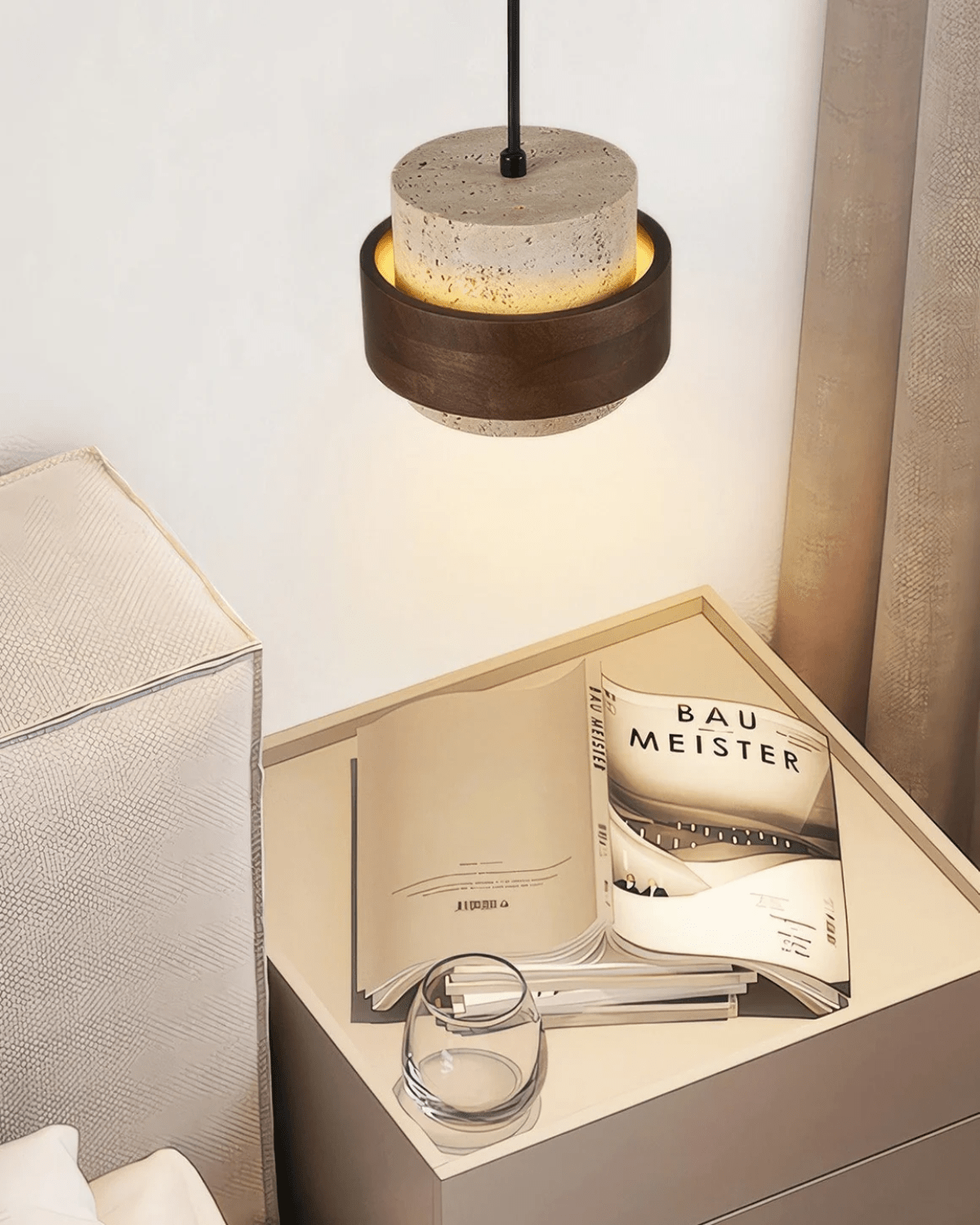 Orinelle Travertine Pendant Light Compact Walnut Wood