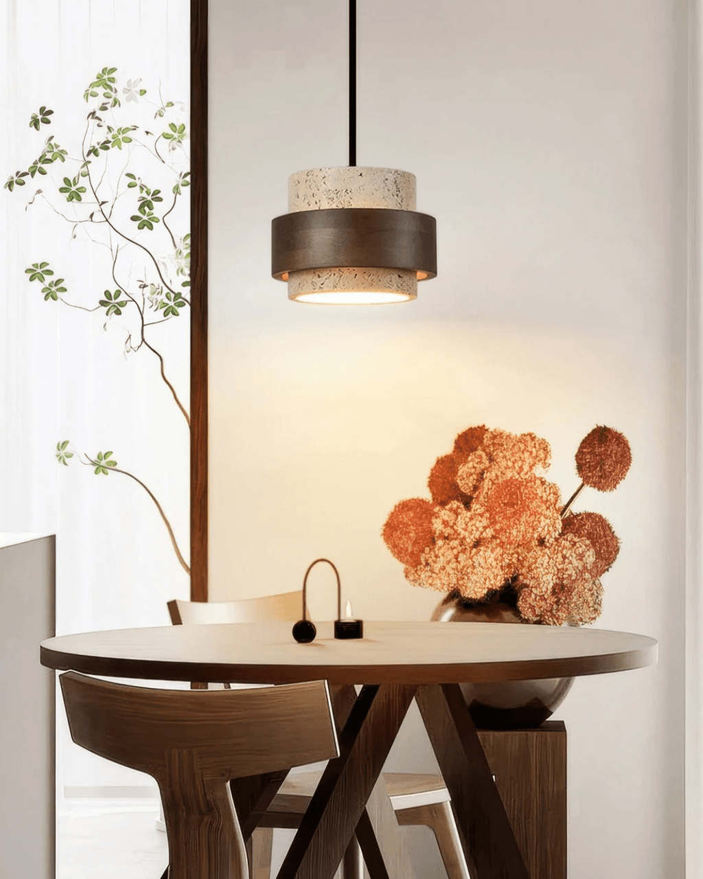 Orinelle Travertine Pendant Light Compact Walnut Wood