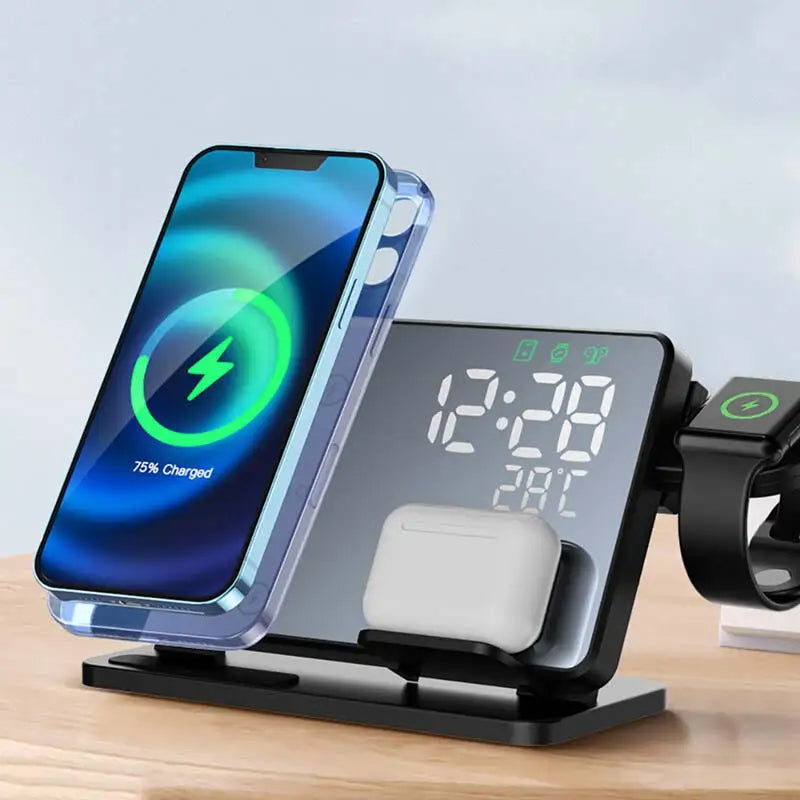 Dock di ricarica wireless rapida 3-in-1 Lumix con sveglia per iPhone, Watch e AirPods