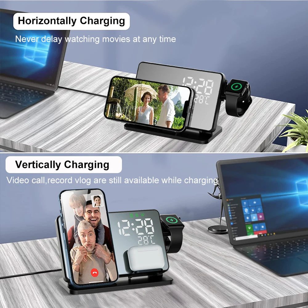 Dock di ricarica wireless rapida 3-in-1 Lumix con sveglia per iPhone, Watch e AirPods