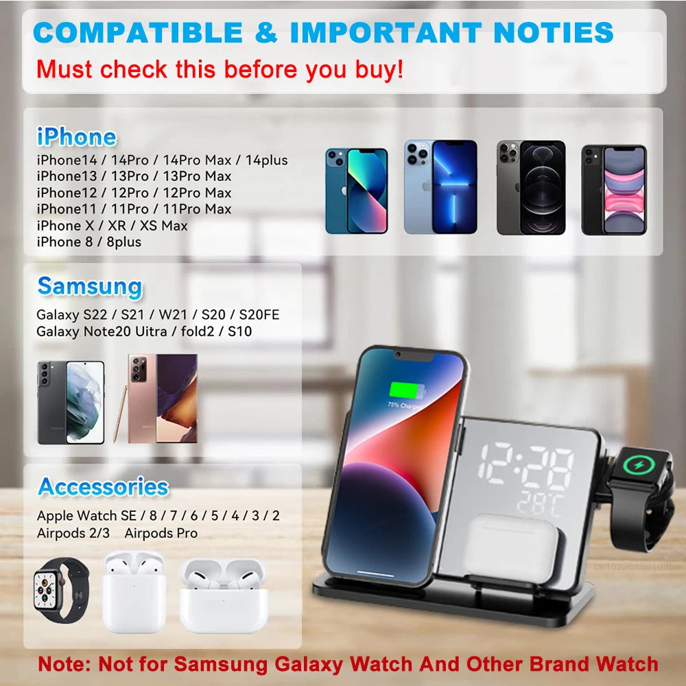 Dock di ricarica wireless rapida 3-in-1 Lumix con sveglia per iPhone, Watch e AirPods